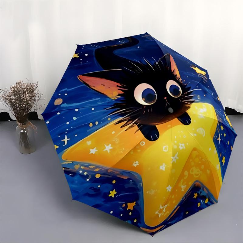 1pc Star Cat Automatic Open 8-Rib Windproof Umbrella, Travel & Commuting, Suitable for All Seasons, Lightweight Portable,026
