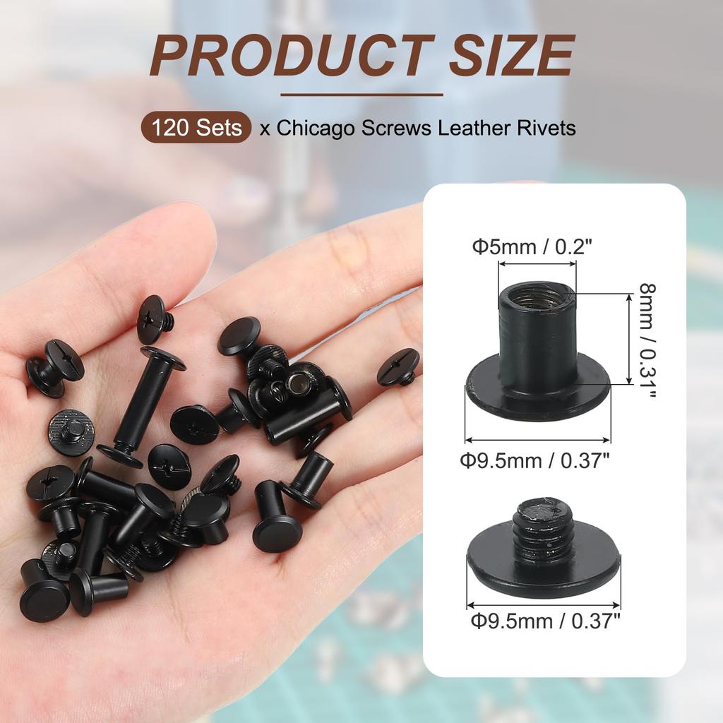 PATIKIL 11mm Chicago Schrauben Leder Leder Sortiert DIY Schwarze Nieten, 120er Pack, Nieten, Stifte, Schrauben, Bolzen, Kit, Basteln, Buchbinden, Dekoration,