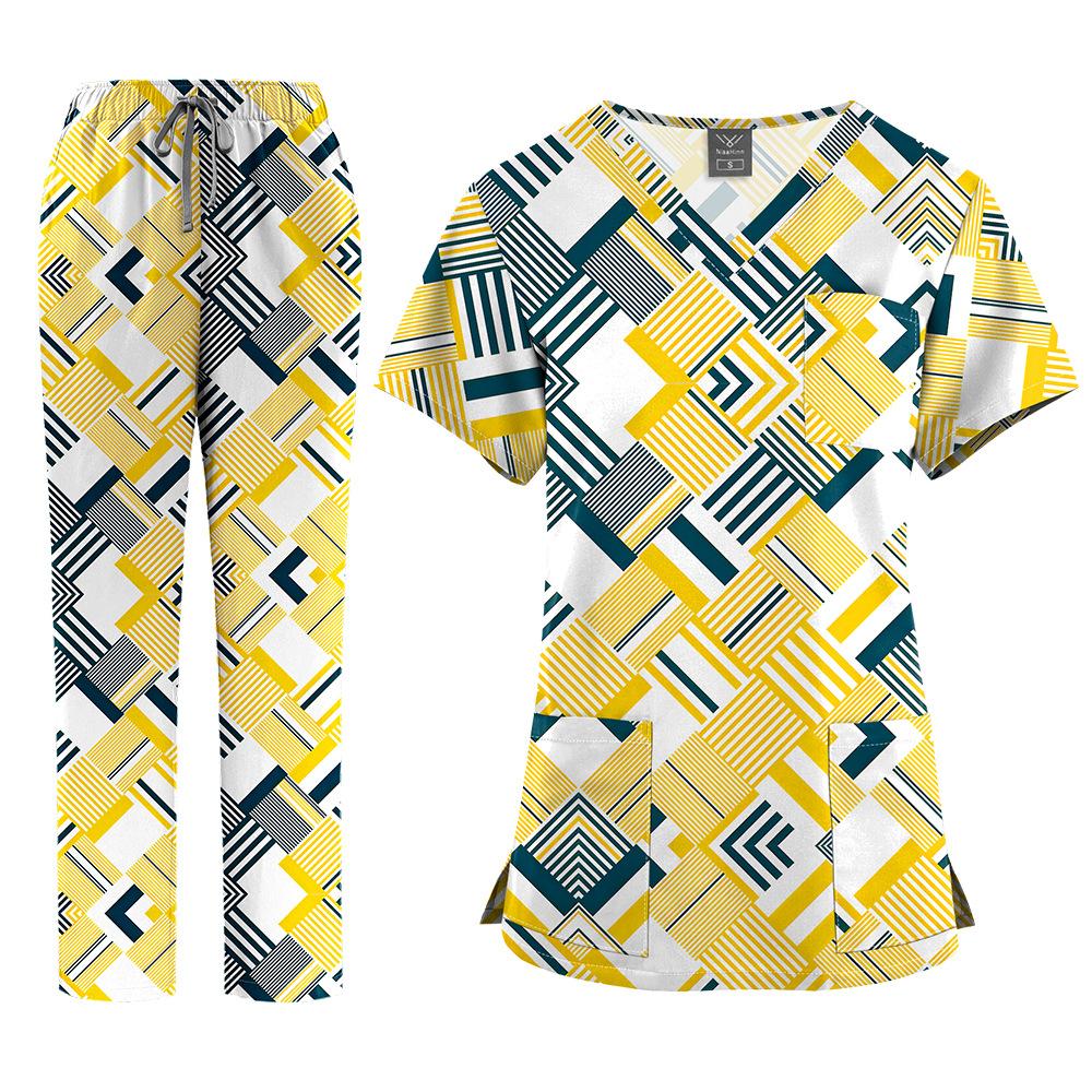 Flerfärgade Joggingdräkter Läkare Sjuksköterskeuniformer Kortärmade V-ringade Toppar Fickbyxor Sjuksköterskeskrubbar Set Medicinska Kliniska Kläder