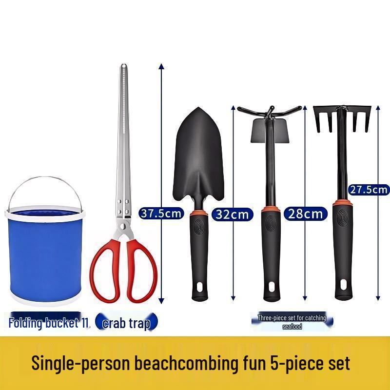 Tide-Chasing Tool Set: Adult Clam & Crab Digger with Gloves, Beach Shovel, Tongs, Kids' Gear, and Sand Rake.