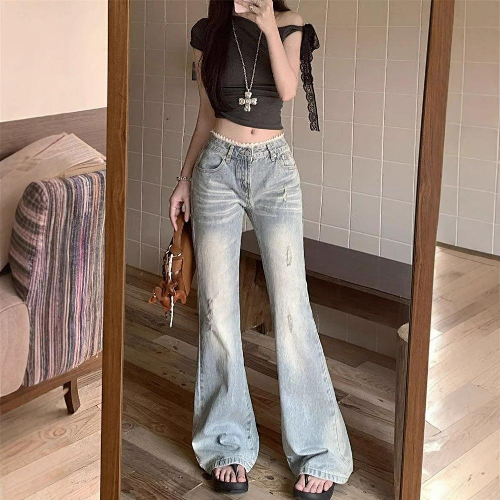 Retro Lace Edge Micro Flare Jeans Women Low Waist Straight Casual Micro Flare Trousers Ins Petite Trousers Jeans for Women Long Denim Pants