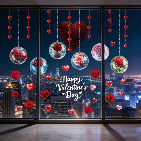 Valentine's Day Window Clings Rose Flower Heart Static PVC Window Glass Decals Reusable Double-Sided Static Stickers for Wedding Anniversary Home