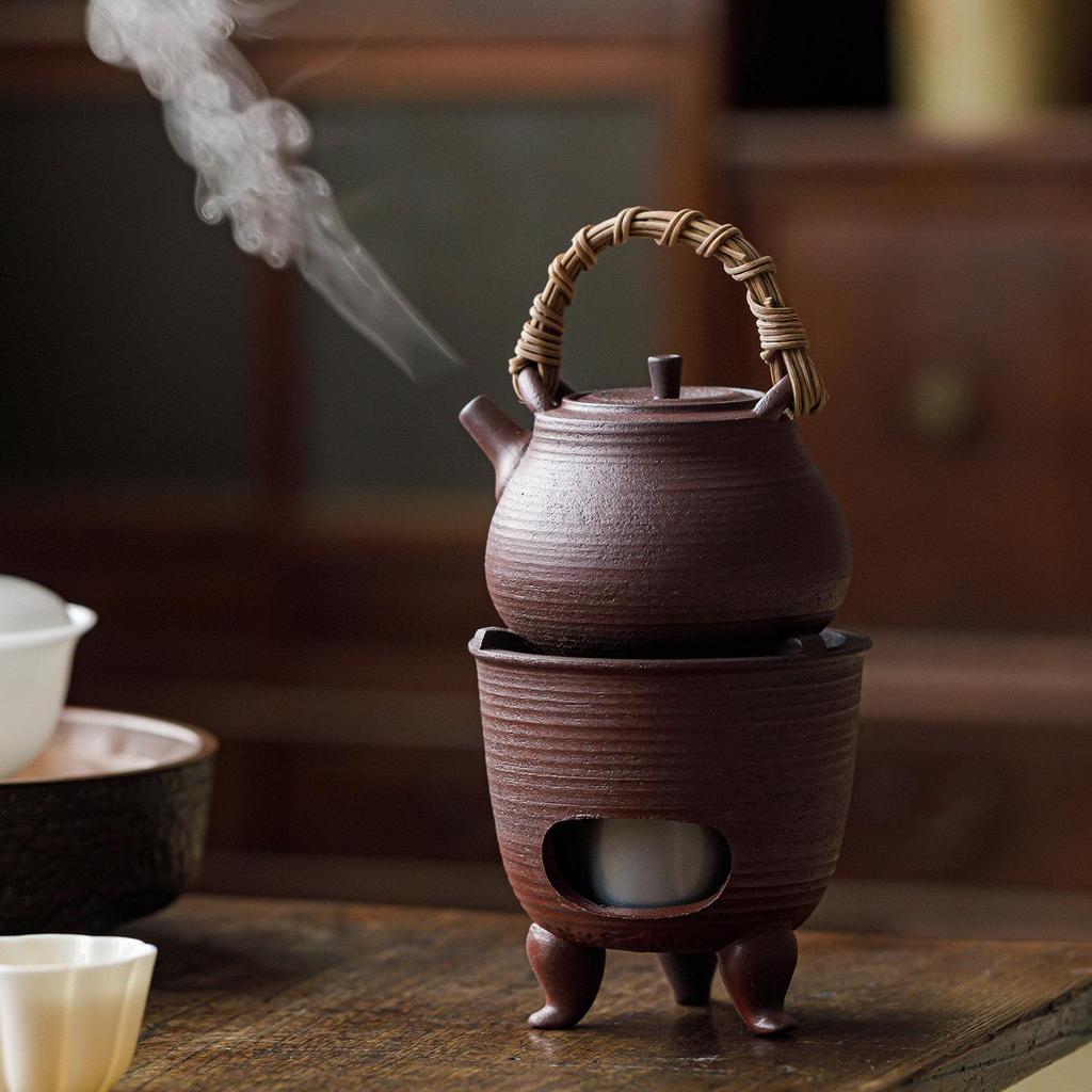 Guanlan Retro Chinese Coarse Pottery Tea Stove Set with Handle for Outdoor Camping