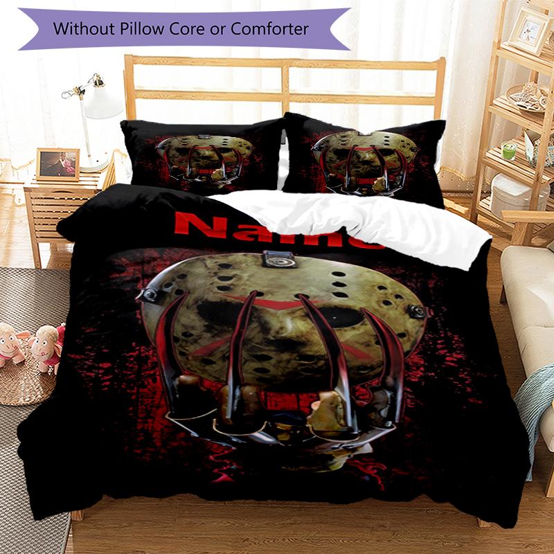 3pcs Custom Name Friday the 13th Bedding Set Duvet Cover Closure Includes 1 Duvet Cover & 2 Pillowcases, Soft and Comfortable for All Seasons.