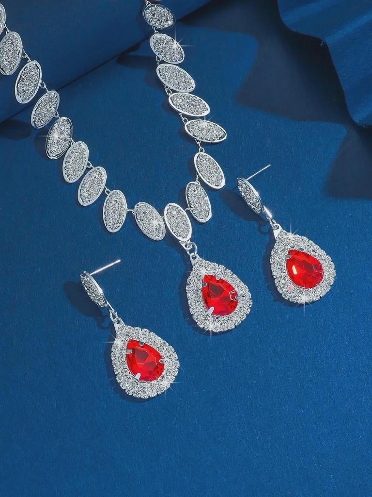 Elegant Diamond Earrings & Necklace Set - Luxury Jewelry for Ladies, Perfect for Dinner and Weddings, European & American Style.