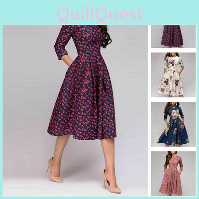 Damen Mode Vintage Print Langarm Puffärmel Kleid In Elegantem Blumenmuster