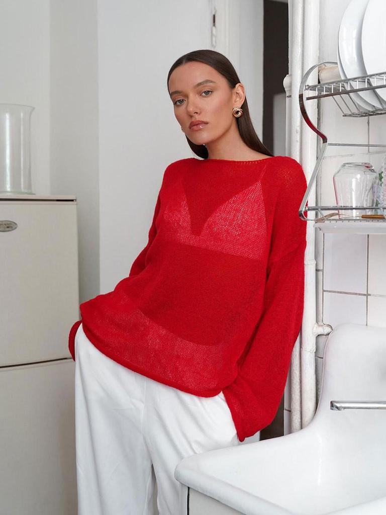 European-American Thin Round Neck Bell Sleeve Knitted See-through T-shirt (Spring/Summer 2025 Collection)