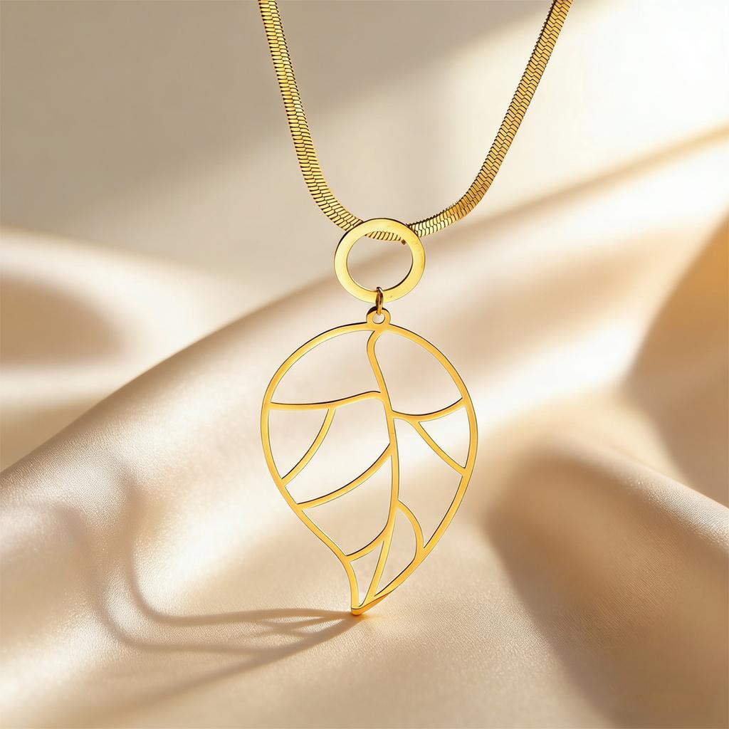 Unique Gold Color Hollow Leaf Pendant Necklace, Stainless Steel Blade Chain Necklace, Luxury Dainty Jewelry for Women Gift