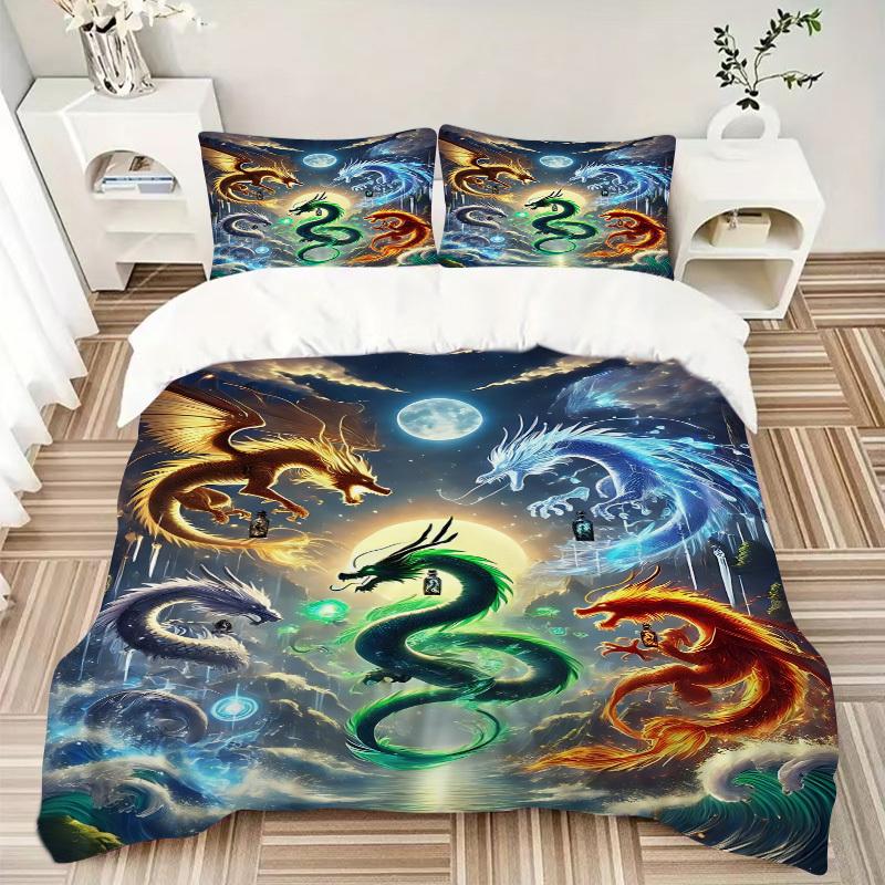 3pcs Mythical Dragons Duvet Cover Set, Cover For Bedroom Guest Room (1 Duvet Cover + 2 Pillowcase, Without Quilt),  yy250922161