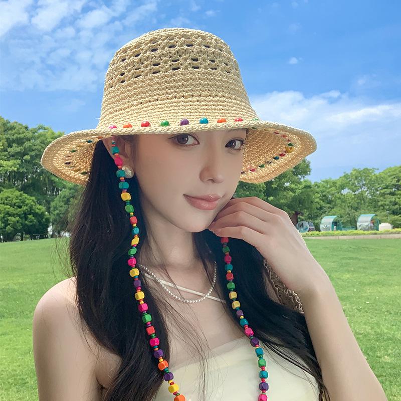 Hyunya wind dopamine wood beads straw hat women's summer hollow breathable big brim sun hat outdoor beach vacation basin hat