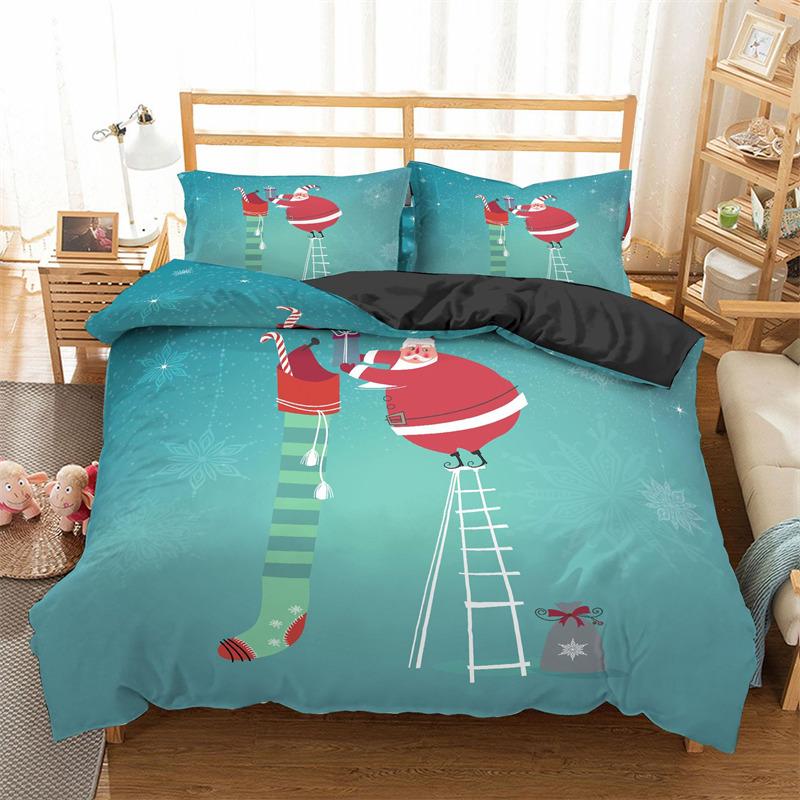 Merry Christmas Duvet Cover King For Boys Girls Microfiber Santa Claus Cute Deer Cartoon Animals Red Plaid 3D Print Bedding Set