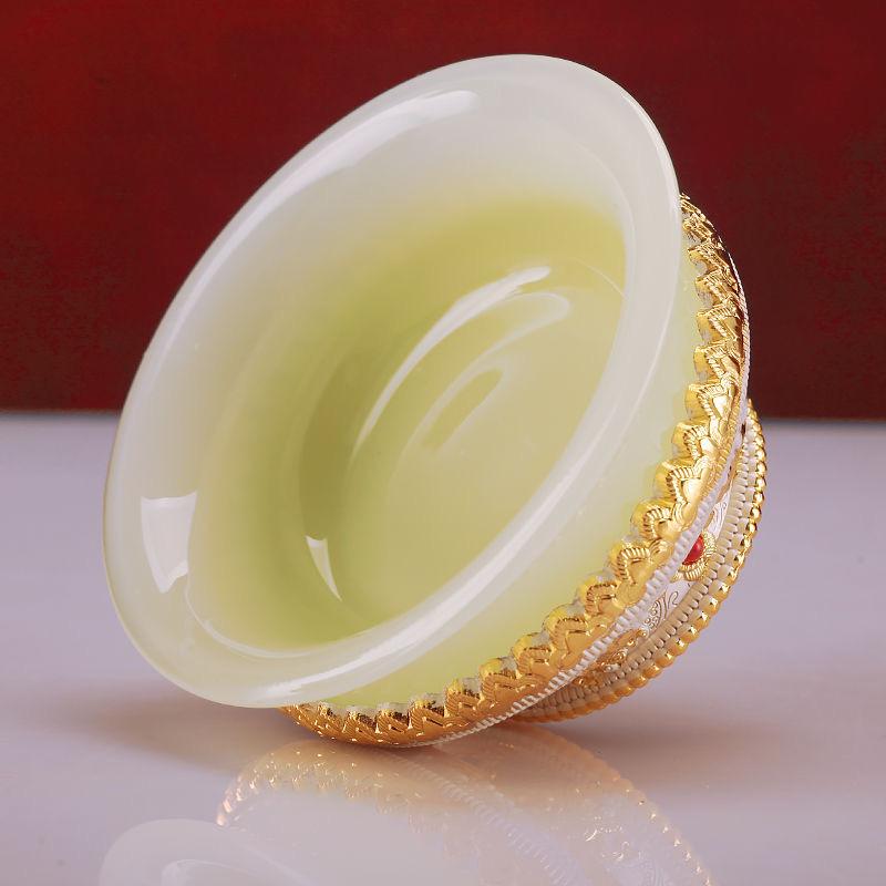 Bol à Ghee Tibétain Doré Alliage de Zinc Coupe d'Eau Bénite Tantrique 10cm Grande Taille Bol Bouddhiste en Pierre Gravé Cadeau Décoratif de Bureau