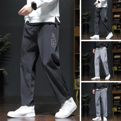 Men Spring Fall Pants with Side Pockets Drawstring Elastic Waist Wide Leg