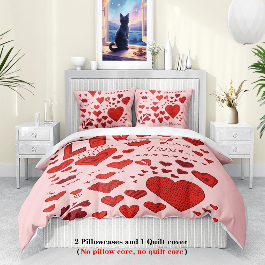 Valentinstag 3D Digitaldruck Polyester Dreiteiliger Bettbezug Bettwäsche Bettbezug Kissenbezug