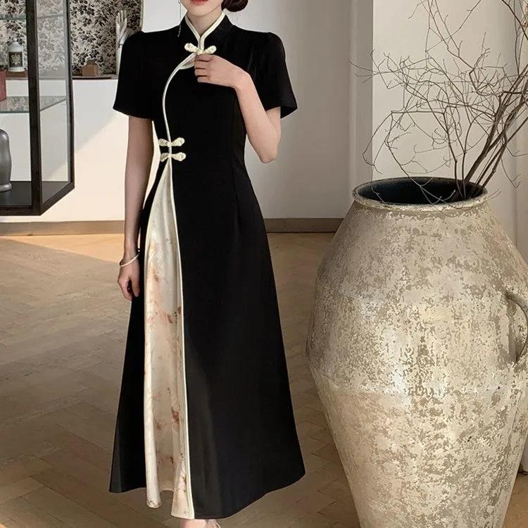 Noua cataramă cu disc în stil chinezesc, rochie cheongsam îmbunătățită cu mâneci scurte, talie retro de vară, fustă subțire și lungă