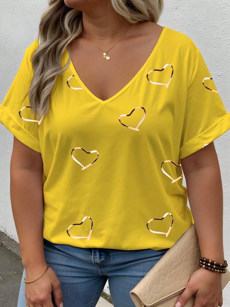 Plus Size Heart Design Pattern Printed T-shirts Summer Fashionable High Quality Short Sleeved Casual Sports V-Neck Pullover Tops