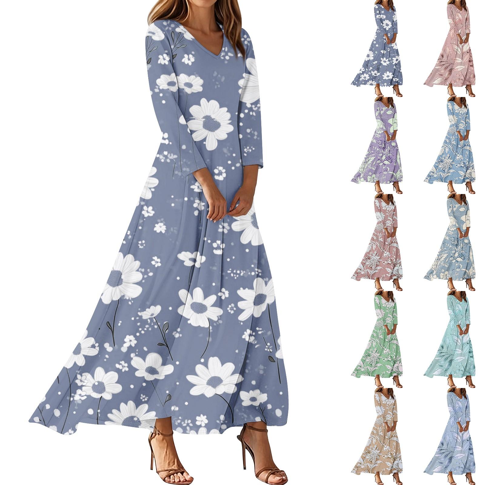 

Women s Casual 3/4 Sleeve V-Neck Floral Print Maxi A-Line Beach Dress M рожевий