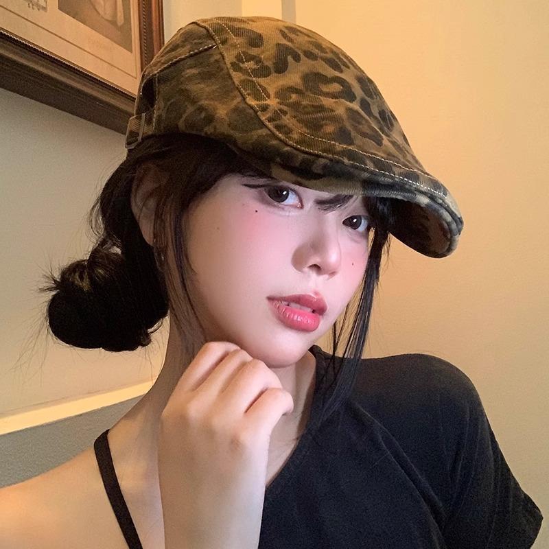 Amerykański Retro Gorąca Dziewczyna  Panterka Czapka z Daszkiem  Jesienny Beret  Wszechstronny i Wyszczuplający Twarz  Niszowy Kapelusz