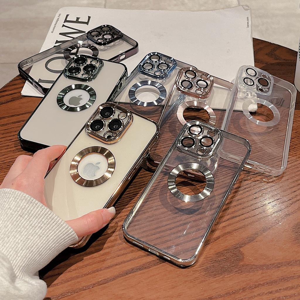 Luxury Plating Charm Logo Hole Hollow Case For iPhone 14 13 11 12 Pro XR X XS Max 7 8 Plus SE3 Soft Transparent Shockproof Cover
