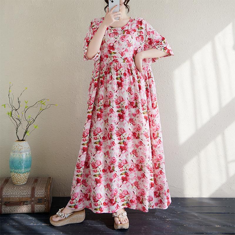 Kurzarm-Übergröße, Vintage-Kleid mit Blumenmuster, neu in Kleidern für Damen, lässig, locker, Maxi, lang, Sommerkleid