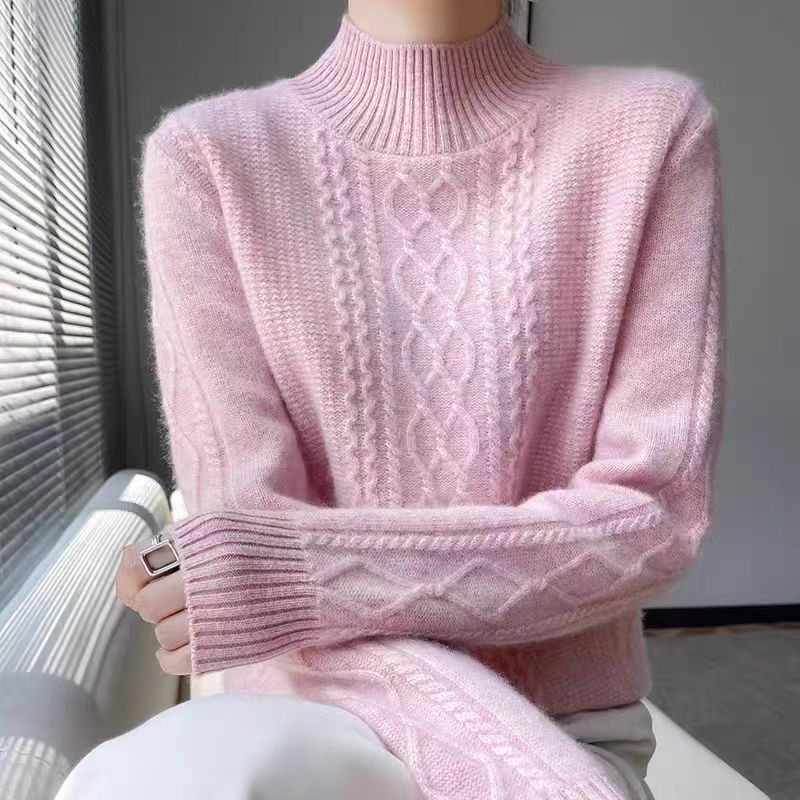 Pullover Women's Half Turtleneck Sweater with Thick Casual Knitted Sweater Solid-colored Loose Warm Top for Autumn and Winter