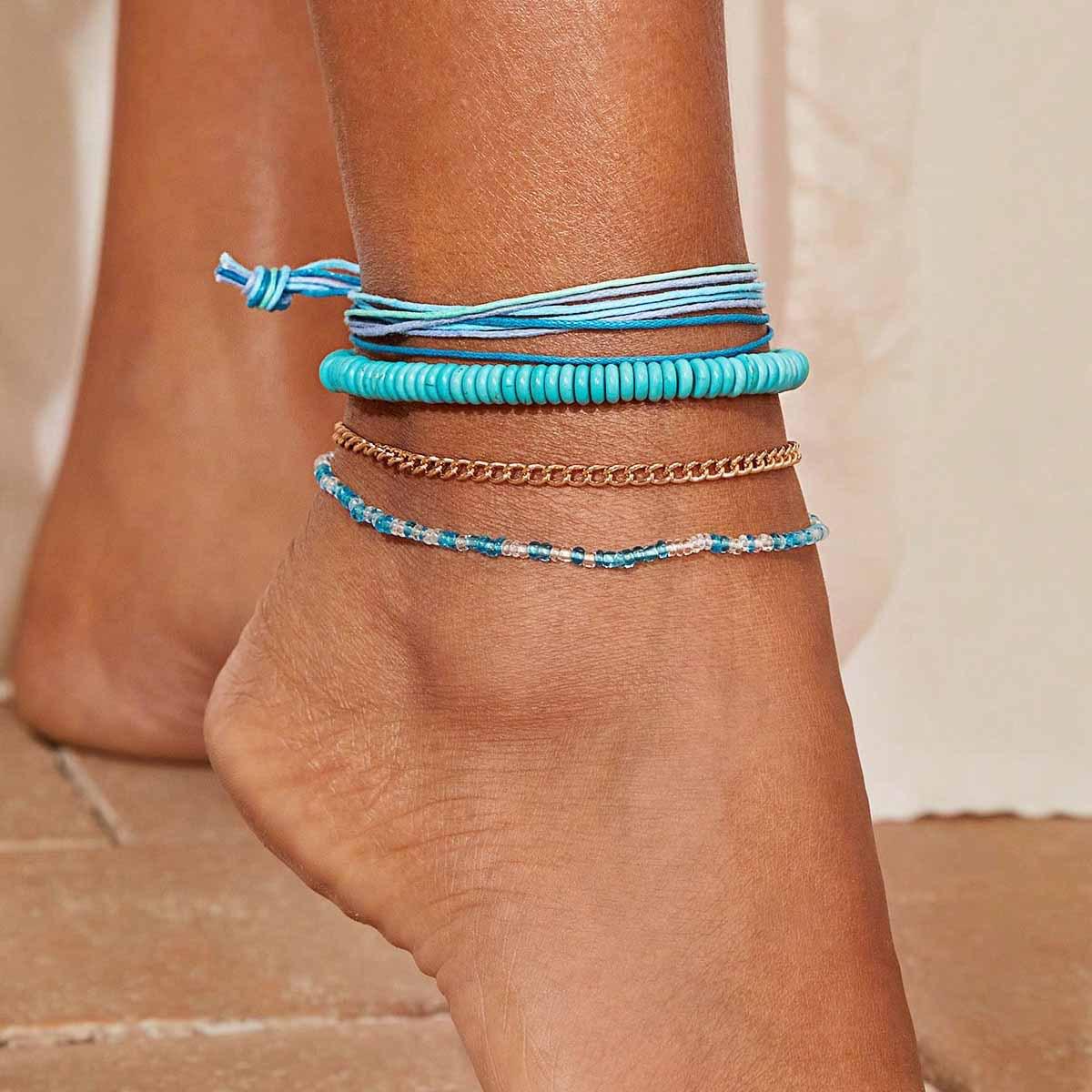 Bohemian Beaded Anklet Set: Starfish, Turtle & Shell Pendants - 5 Pieces