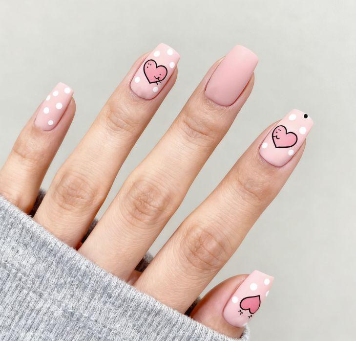 24pcs Valentine s Day Matte Pink Heart & Polka Dot Nails, Medium Length