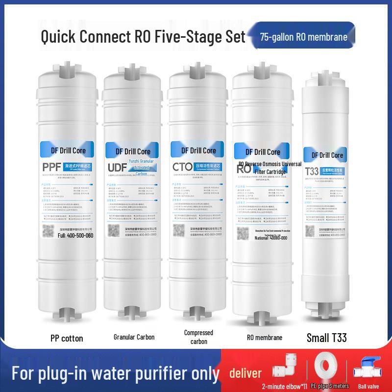 10-tommers femtrinns vannrenserfiltersett: Hurtigkobling PP Bomull, Granulert Karbon, Skalahemmer, Komprimert Karbon og RO-membran