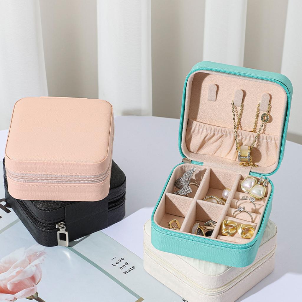 2PC Mini Jewelry Organizer Display Travel Jewelry Zipper Case Boxes Earrings Necklace Ring Portable Jewelry Box Leather Storage