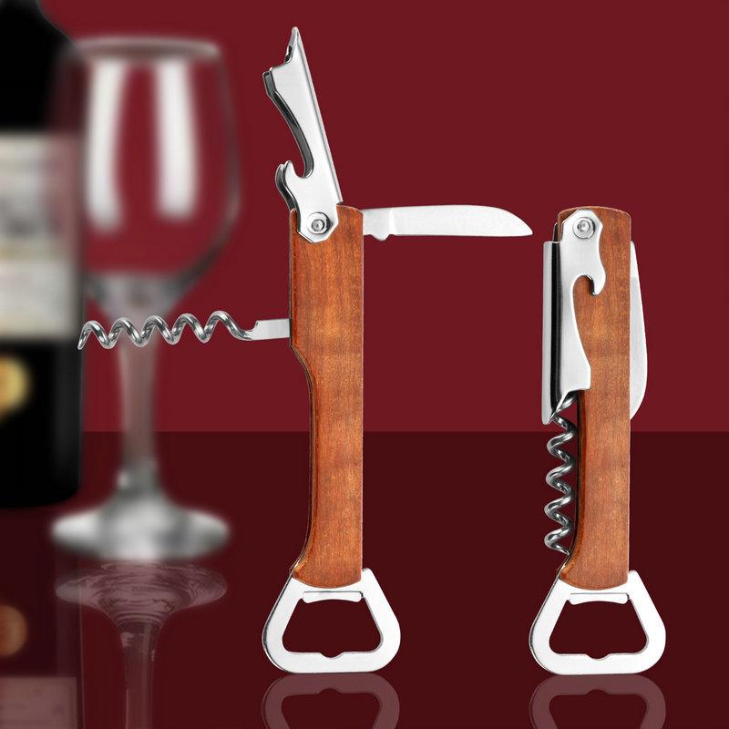 3-in-1 Portable Wine Opener with Wooden Handle: Waiter's Knife & Stainless Steel Beer Opener