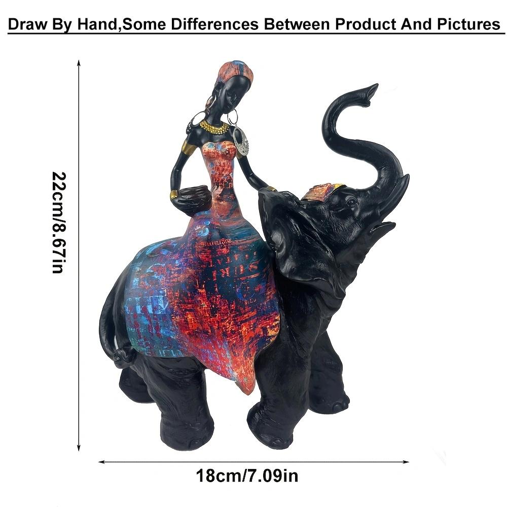 African Design Colorful African Elephant and Tribal Lady Figurines with African Tribal Totem, African Animal and Women Decor Art