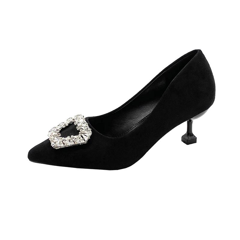 Fashion Suede Stiletto Single Shoes Women's Fashion Pointed Toe Shallow Slip Rhinestone Square Buckle Slip-on Non-Slip High Heels