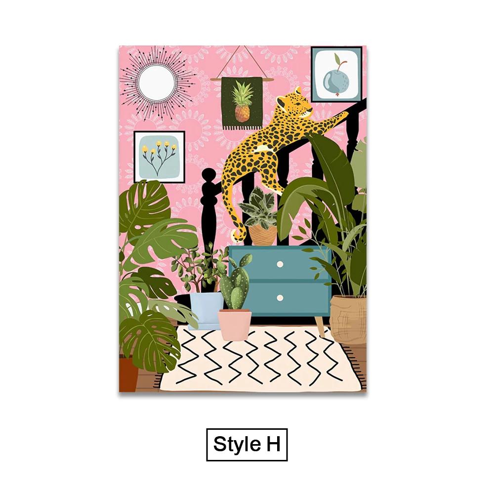 Abstract Tropical Plant Flower Black Cat Posters Boho Wall Art Canvas Paintings Prints Wall Pictures For Living Room Decor