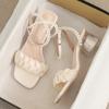 Fashion 2025 Summer Knitted Lace Band Sandals Woman Clear Med High Heels Shoes Ankle Strap Sandalias PVC Pearl Beading Sandales Femmes
