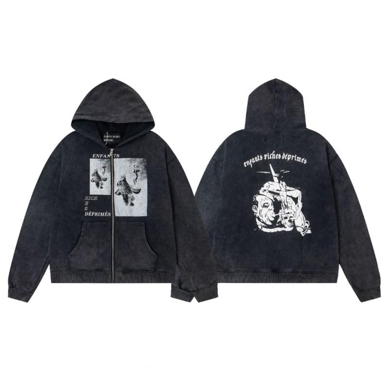 Mens Oversized Streetwear Hoodie With Distressed Zipper Graphic Print Cotton Long Sleeve Pullover Casual Wear