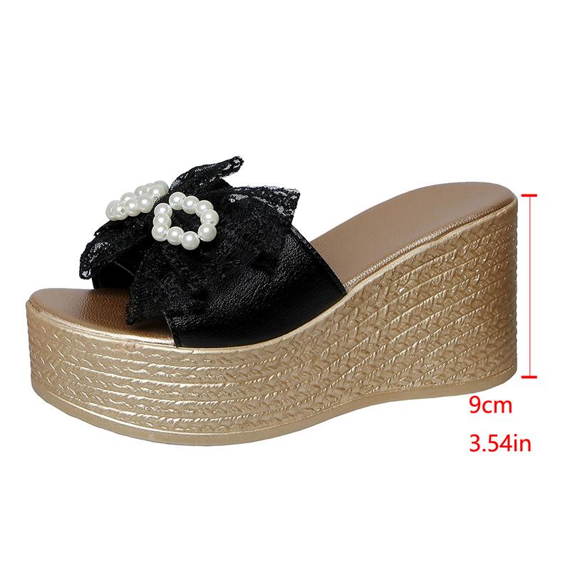 

Модные жемчужные кружевные сандалии на массивной платформе с бантом, женские летние шлепанцы с открытым носком и толстой подошвой, женские модные сандалии на танкетке большого размера 43 чёрный