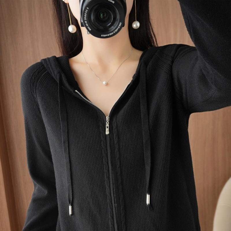 Autumn Sweater Cardigan Women's Wool Hoodie Double Zipper Hooded Sweater Jacket