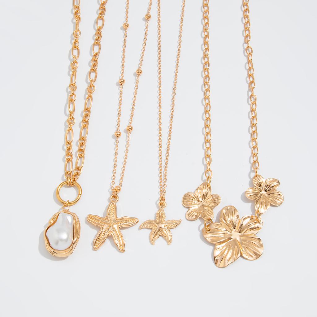 Starfish Pearl Necklace Set Conch Scallop Flat Snake Chain Necklace Set