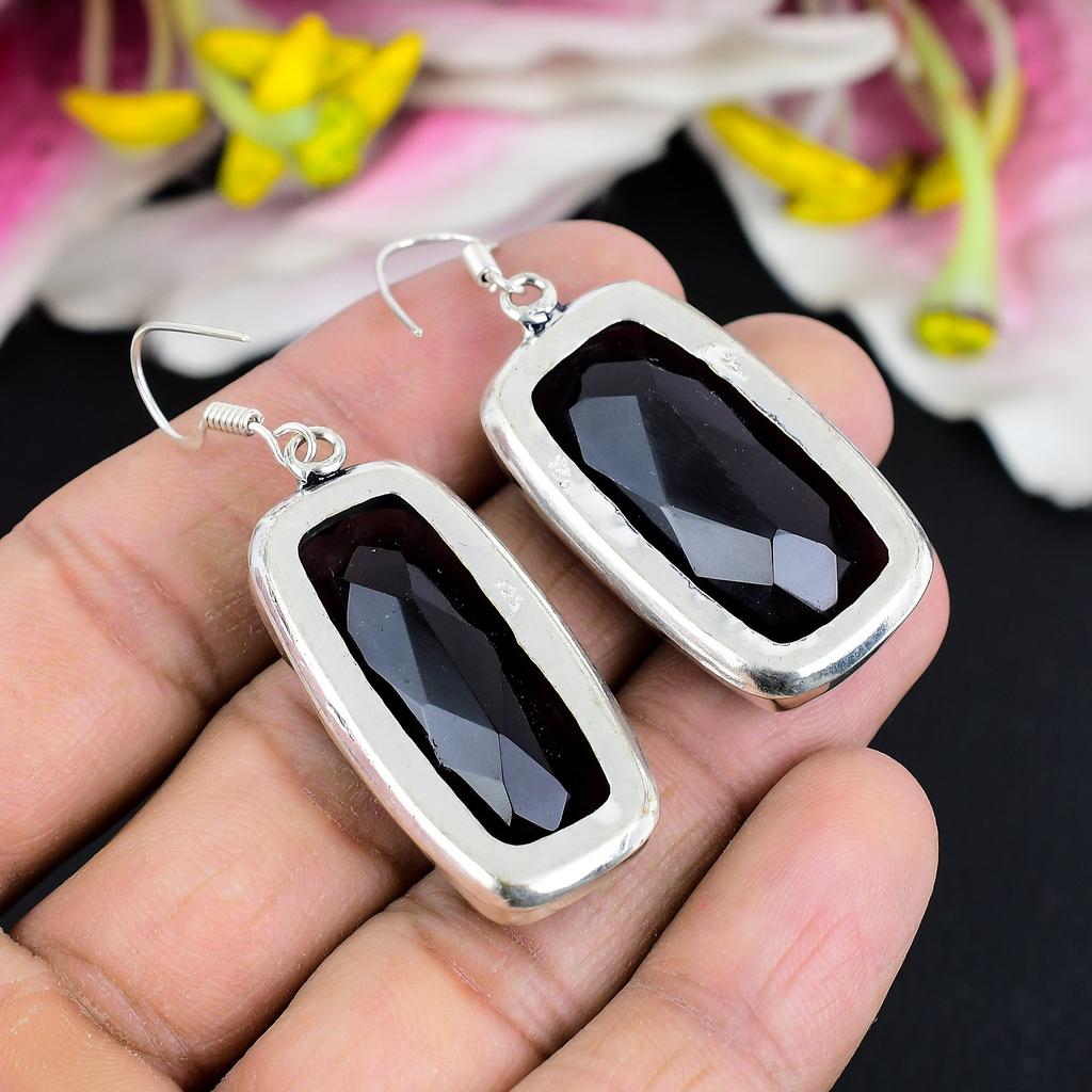Black Spinel Gemstone Handmade 925 Sterling Silver Jewelry Earring 2.17" KG-1756