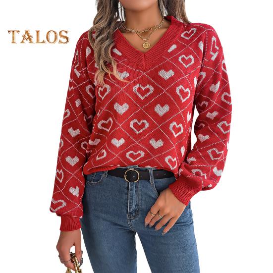 Женский свитер с V-образным вырезом и длинным рукавом с ребристой отделкой, пуловер, джемпер с узором в виде сердца, трикотажные топы для повседневной носки M красный