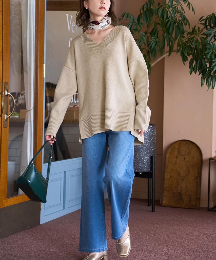 ROPE PICNIC Knit Pullover Knit Beige [WEB Exclusive] Mid-Gauge V-Neck Pullover/Anti-Static/Machine Washable, Women's, GDM64010, (27)