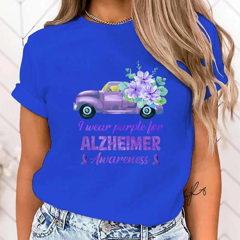 (High Quality T Shirt)New Hot I Wear Purple For Alzheimer'S Awareness Print T-Shirts Women Summer Casual T-Shirts O Neck