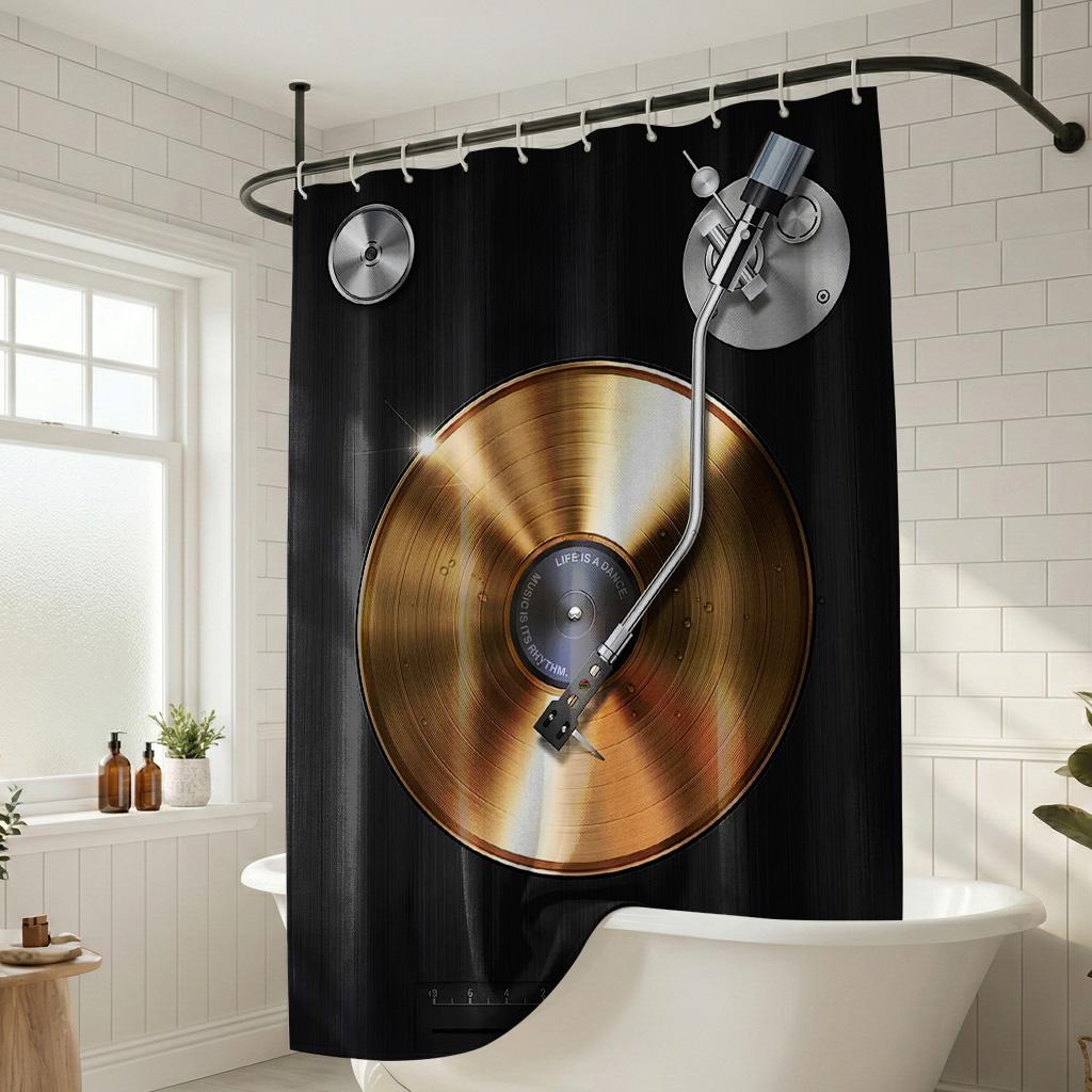 Vintage Gold Schallplatten Duschvorhang, Retro Musikliebhaber Plattenspieler Badezimmer Dekor, Coole DJ Studio Ästhetik Badvorhang