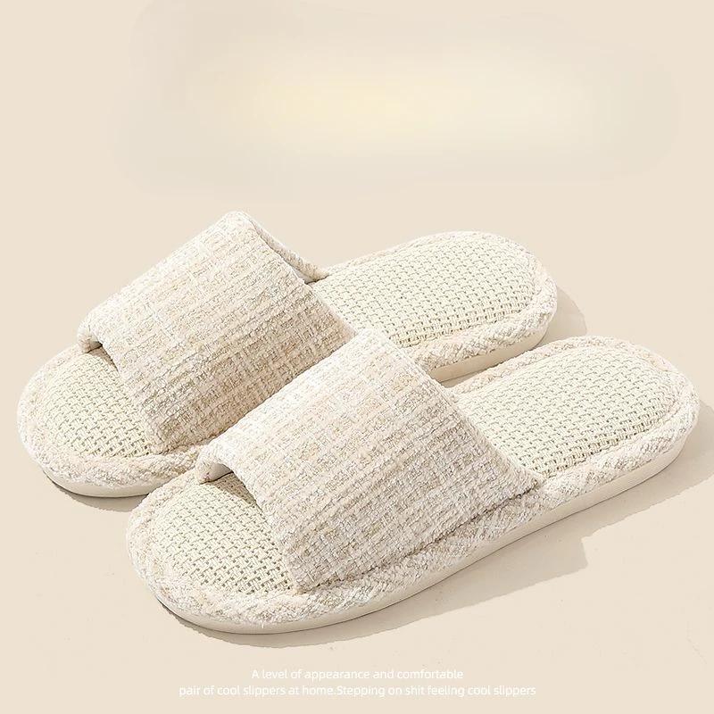

2025 Новые натуральные льняные домашние тапочки, комнатная обувь для пола, бесшумные потные тапочки для лета, женские и мужские сандалии, тапочки 38-39 белый