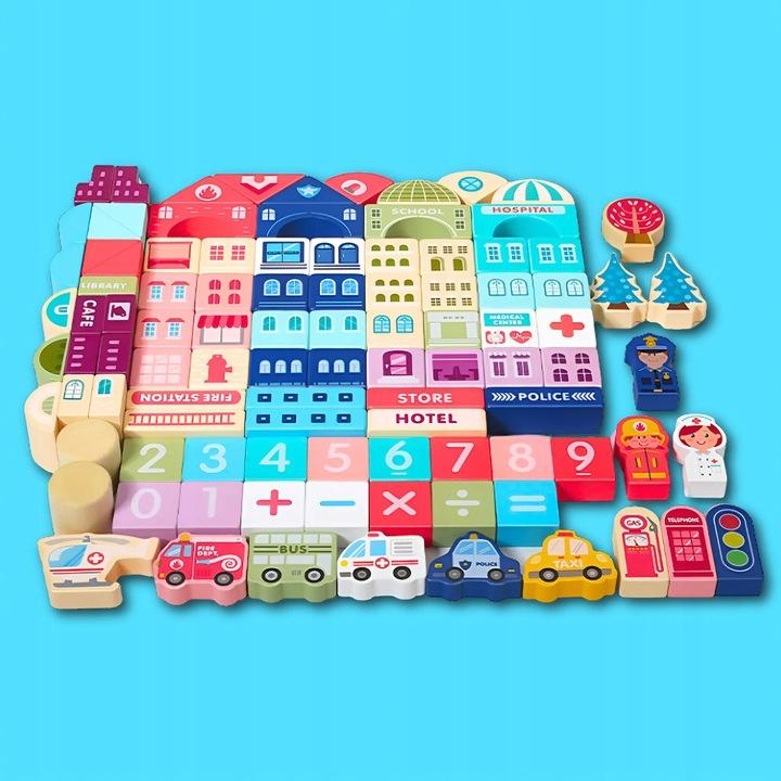 Zestaw Klocki Drewniane Miasto Auta Zestaw Puzzle Mata 115 Klocków Edu
