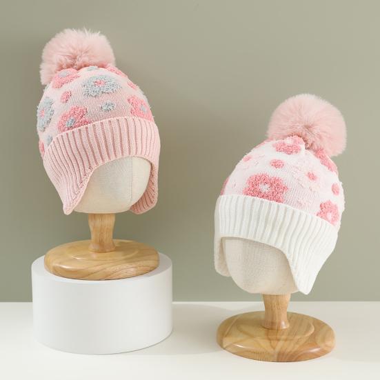 Yousheng Children Woolen Hat with Fur Ball Small Flower Decorations Ear Protection Thickened Plush Lining Knitting Hat