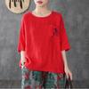 Retro Loose Large Size Women's Flower Embroidered Pocket Short-sleeved Loose Slim Blouse Cotton Linen T-shirt Half-sleeved Top