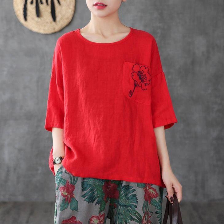 Retro Loose Large Size Women's Flower Embroidered Pocket Short-sleeved Loose Slim Blouse Cotton Linen T-shirt Half-sleeved Top