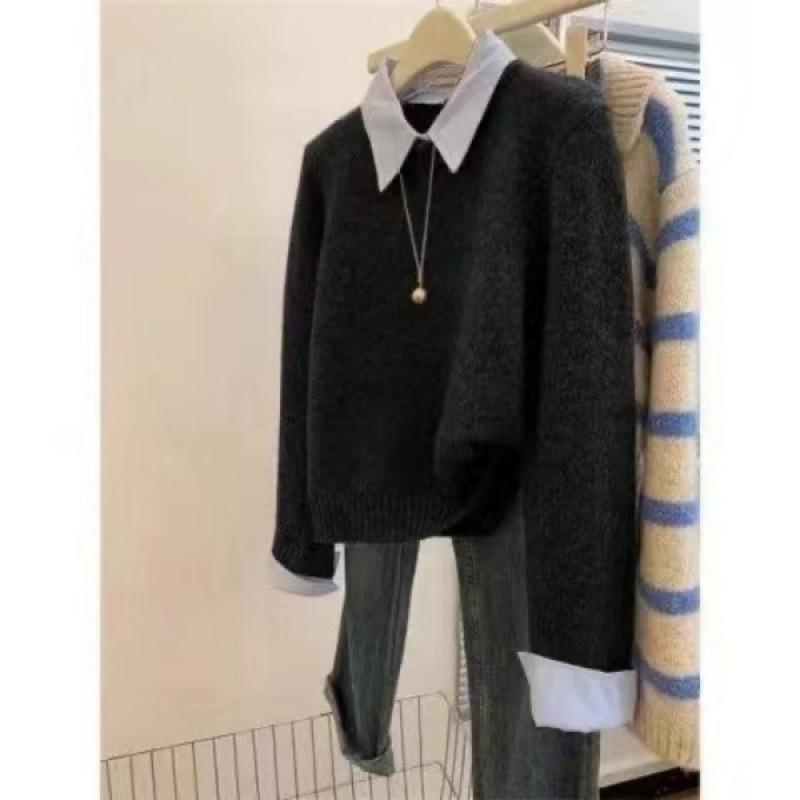 Fake Two Shirts Sweater Collar, Lazy Autumn and Winter Base Gray Knit Sweater Top Knitted