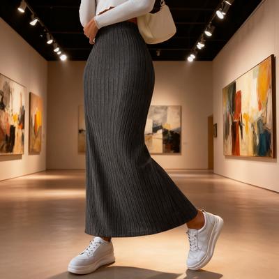 Maxi Skirt with Side Slits High-Waisted Ribbed Long Skirt Solid Color Hip Wrapped Autumn Winter Long Skirt
